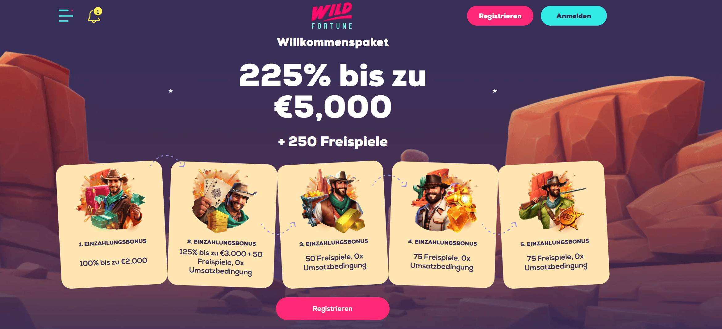 Wild Fortune – 225 % bis zu 5.000 € + 250 Freispiele