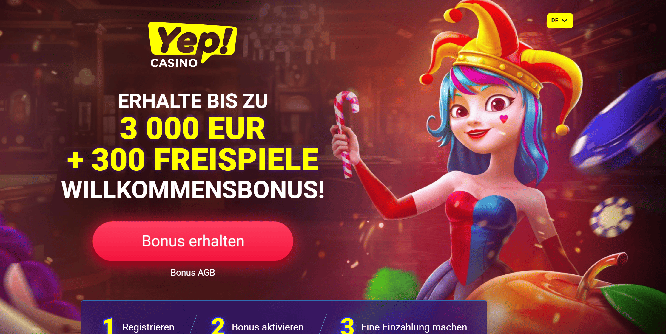 YEP! Casino – 345 % bis zu 3.000 € + 300 Freispiele